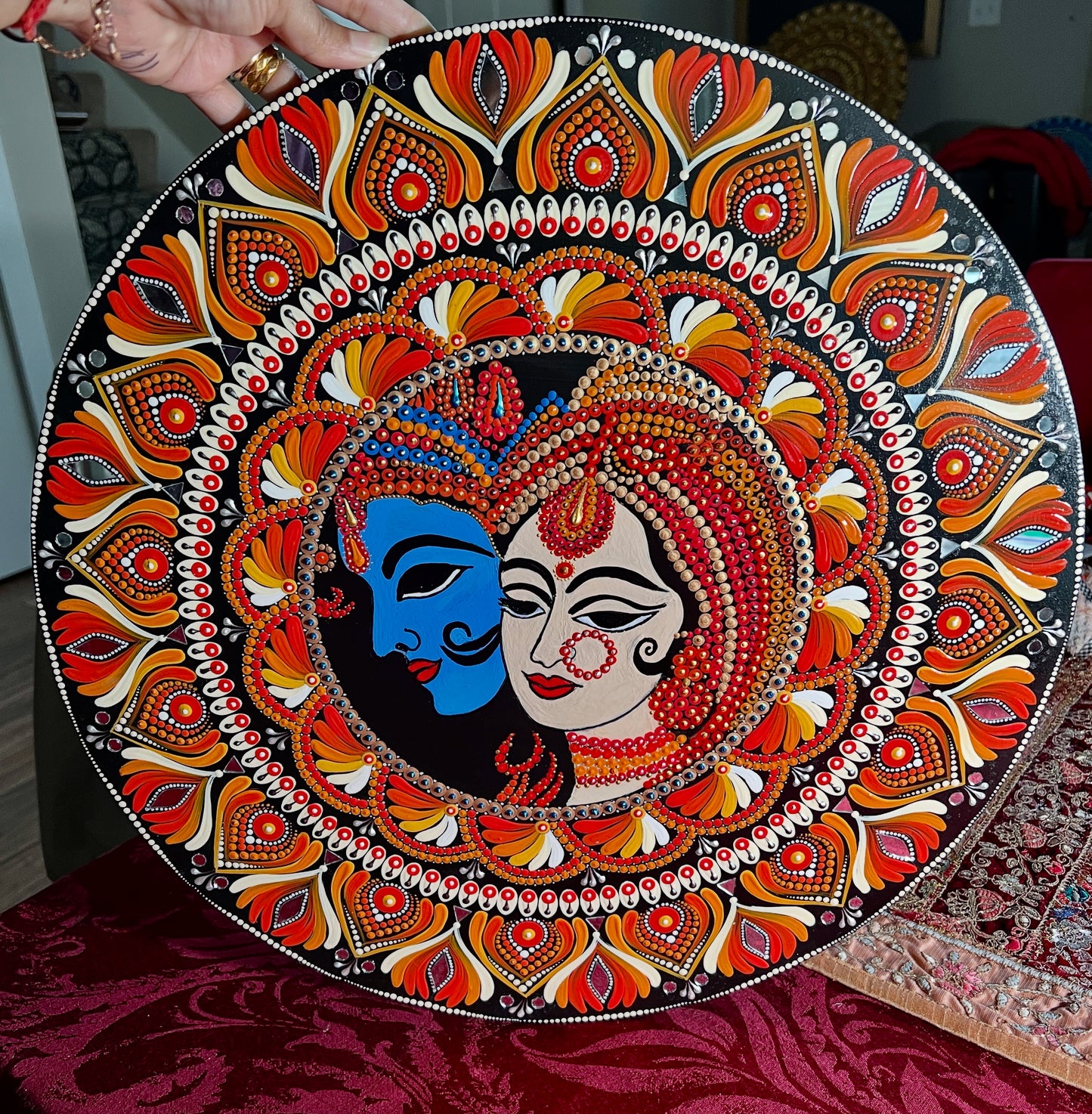 Handcrafted 18-Inch Radha Krishna Mandala Art on MDF Board